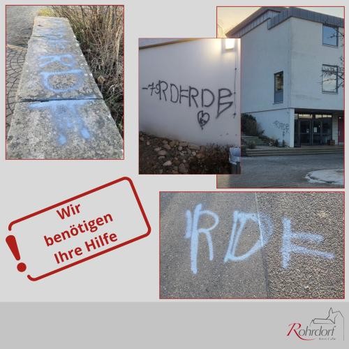 Schmierereien an der Malmenschule Collage mit mehreren Fotos von Graffiti-Schmierereien im öffentlichen Raum. Zu sehen sind beschmierte Mauern, Wege und eine Gebäudefassade mit gesprühten Buchstaben. Ein roter Hinweistext ‚Wir benötigen Ihre Hilfe‘ ist hervorgehoben. Unten rechts befindet sich das Logo der Gemeinde Rohrdorf.