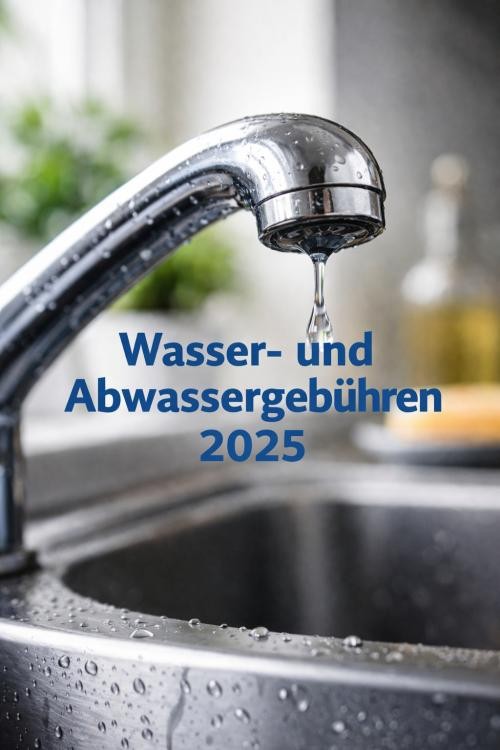 Illustration Wasser- und Abwasser Nahaufnahme eines silbernen Wasserhahns über einer Spüle, von dem ein einzelner Wassertropfen herabfällt. Auf dem Bild steht der Text ‚Wasser- und Abwassergebühren 2025‘. Im Hintergrund ist unscharf eine Küche zu erkennen.