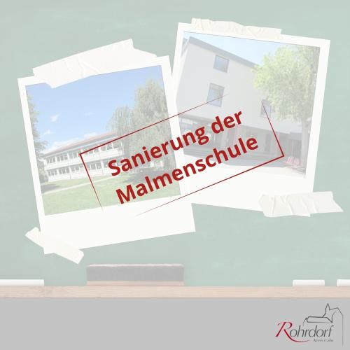 Schulsanierung Grafik mit zwei Polaroid-Fotos der Malmenschule vor einer Tafelwand. Zu sehen sind verschiedene Gebäudeansichten des Schulgebäudes. In roter Schrift steht: ‚Sanierung der Malmenschule‘. Das Bild weist auf geplante oder laufende Sanierungsmaßnahmen an der Schule hin.