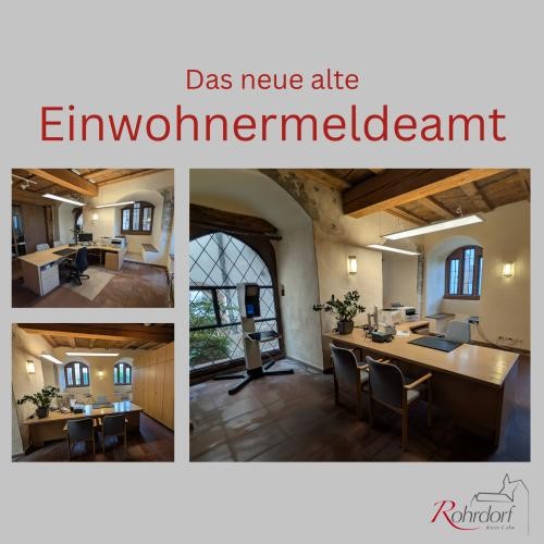Fotocollage des neu eingerichteten Einwohnermeldeamts Fotocollage des neu eingerichteten Einwohnermeldeamts im historischen Rathaus der Gemeinde Rohrdorf. Die Bilder zeigen den modern ausgestatteten Büroraum mit Beratungsplatz, Dokumentenscanner, Schreibtisch und historischen Bauelementen wie Holzbalkendecke und Gewölbefenstern. Die Überschrift lautet ‚Das neue alte Einwohnermeldeamt‘.