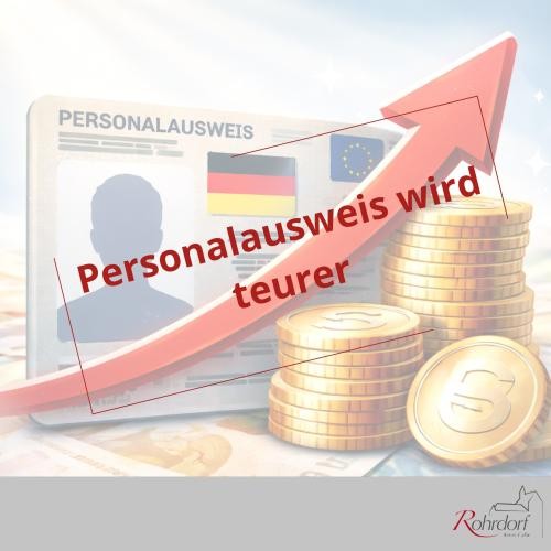 Informationsgrafik zur Preiserhöhung beim Personalausweis: Im Hintergrund ein stilisierter deutscher Personalausweis mit EU-Symbol, daneben gestapelte Münzen. Ein roter Pfeil zeigt nach oben, darüber der Schriftzug ‚Personalausweis wird teurer‘. Unten rechts ist das Logo der Gemeinde Rohrdorf zu sehen.