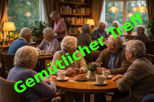 Bild mit Senioren beim gemütlichen Zusammensitzen Gemütliche Szene eines Seniorentreffs: Mehrere ältere Menschen sitzen gemütlich zusammen bei Kaffee und Keksen.