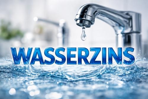 Das Bild zeigt eine Nahaufnahme eines verchromten Wasserhahns, aus dem ein einzelner Wassertropfen in eine darunter liegende Wasserpfütze fällt. Im Vordergrund prangt der Schriftzug „WASSERZINS“ in fetten, blauen 3D-Buchstaben, die teilweise unter Wasser sind und Spritzer erzeugen. Der Hintergrund ist verschwommen und zeigt einen weiteren Wasserhahn sowie eine sanfte, neutrale Umgebung, vermutlich eine Küche oder ein Badezimmer.