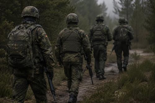 Übung der Bundeswehr Es sind Soldaten von hinten zu sehen wie sie durch einen Wald marschieren