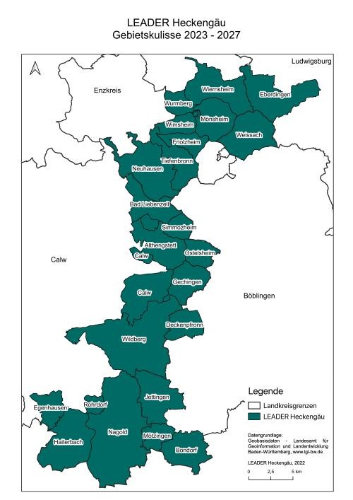 Karte der LEADER-Region Heckengäu Karte der LEADER-Region Heckengäu für die Förderperiode 2023 bis 2027. Die teilnehmenden Städte und Gemeinden sind dunkelgrün markiert. Das Fördergebiet erstreckt sich über Teile der Landkreise Calw, Böblingen, Ludwigsburg und des Enzkreises. Zu den dargestellten Kommunen gehört auch Rohrdorf im südlichen Bereich der LEADER-Gebietskulisse.
