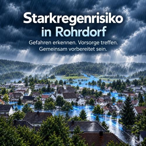 Illustration zum Starkregenrisiko in Rohrdorf. Dunkle Gewitterwolken und starker Regen ziehen über eine Ortschaft. Blau dargestellte Wasserströme verdeutlichen mögliche Überflutungswege durch Straßen und Wohngebiete. Im Vordergrund stehen Häuser, im Hintergrund bewaldete Hügel. Die Überschrift lautet ‚Starkregenrisiko in Rohrdorf‘ mit dem Zusatz ‚Gefahren erkennen. Vorsorge treffen. Gemeinsam vorbereitet sein.‘